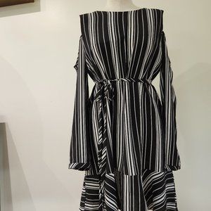 Calvin Tran Black & White stripe short dress with shoulder cut-outs